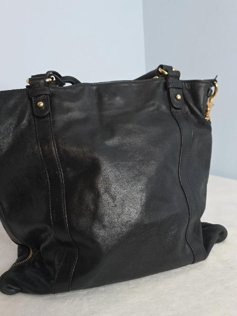 Badgley Mischka Black Leather Satchel with Gold Hardware